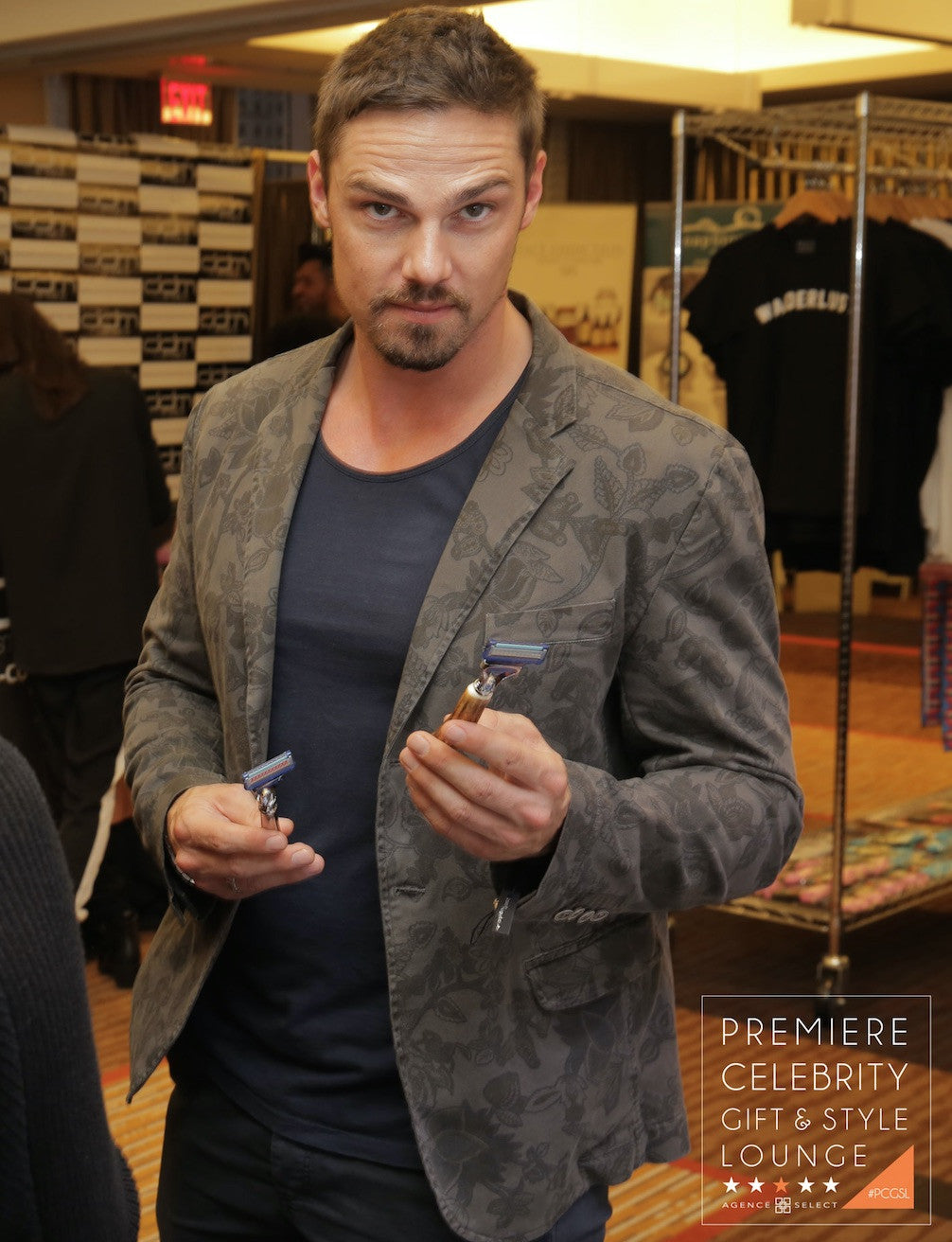 Celebrity Tom Hardy posing with a Kings Crown Deer Antler Safety Razor