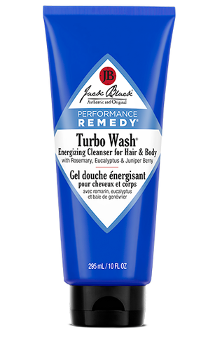 Jack Black Turbo Wash energizing cleanser for hair and body 10 fl oz in a blue bottle 