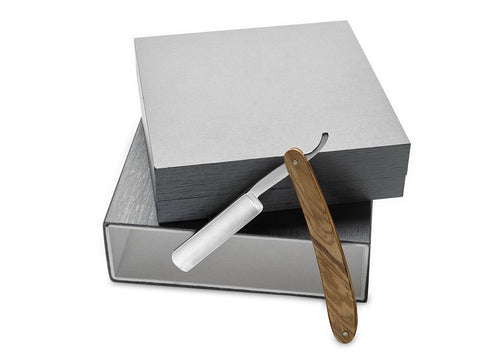  King’s Crown Carbon Steel STRAIGHT RAZOR blade- Olive Wood handle in a silver box