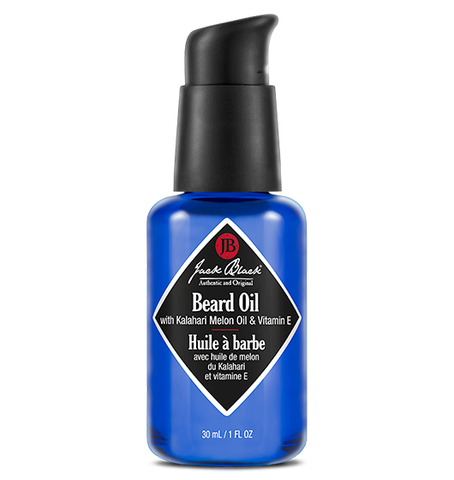 ack Black Beard Oil in a blue bottle and a black airless pump