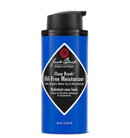 ack Black Clean Break Oil-Free Moisturizer in a blue bottle and a black airless pump