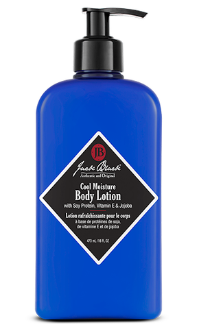 ack Black Cool Moisture body lotion in a blue bottle  and a black airless pump