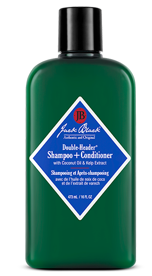 ack Black Double Header Shampoo and Conditioner in a green bottle with black push top