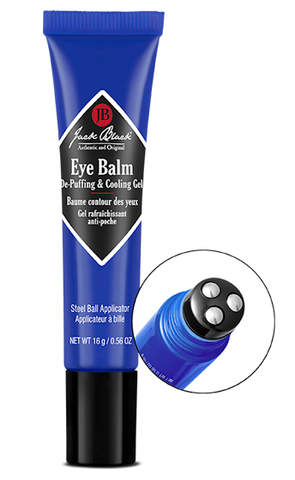  Jack Black eye balm de-puffing and cooling gel with a close on the stainless-steel rollerball applicator