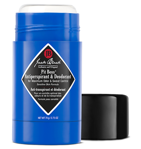 Jack Black Pit Boss antiperspirant and deodorant in a blue package open with the lid beside