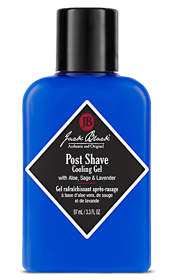 ack Black Post Shave Cooling Gel in a blue bottle 