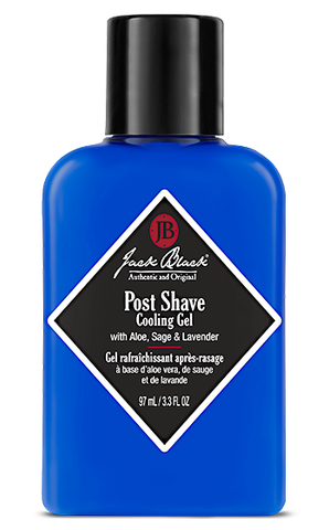 ack Black Post Shave Cooling Gel in a blue bottle 