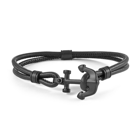 Italgem Steel | Black Anchor Leather Bracelet