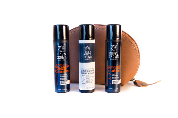 Brown Leather Case with three products in front ,  King’s Crown Deluxe Gel Facial Cleanser, Kings Crown Ultra Rich Shave Cream and King’s crown Moisturizer all  travel size (15 ml)  